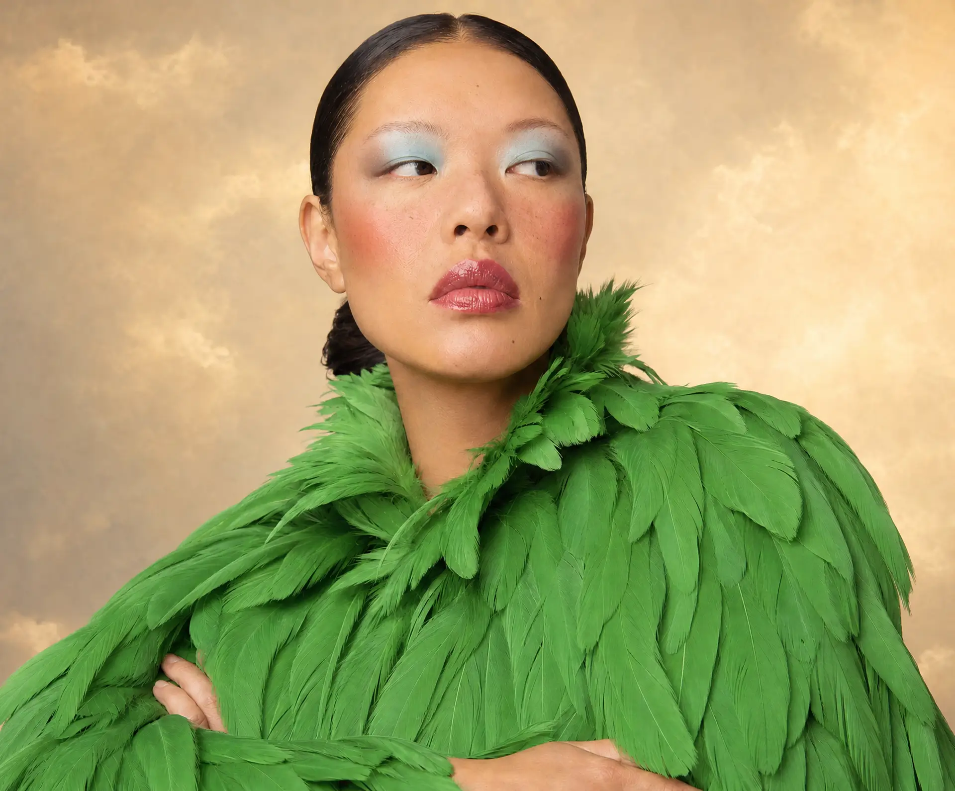 Official Pika launch artwork for the new Pika: a portrait of a woman in a green feather collar against a golden cloudy sky