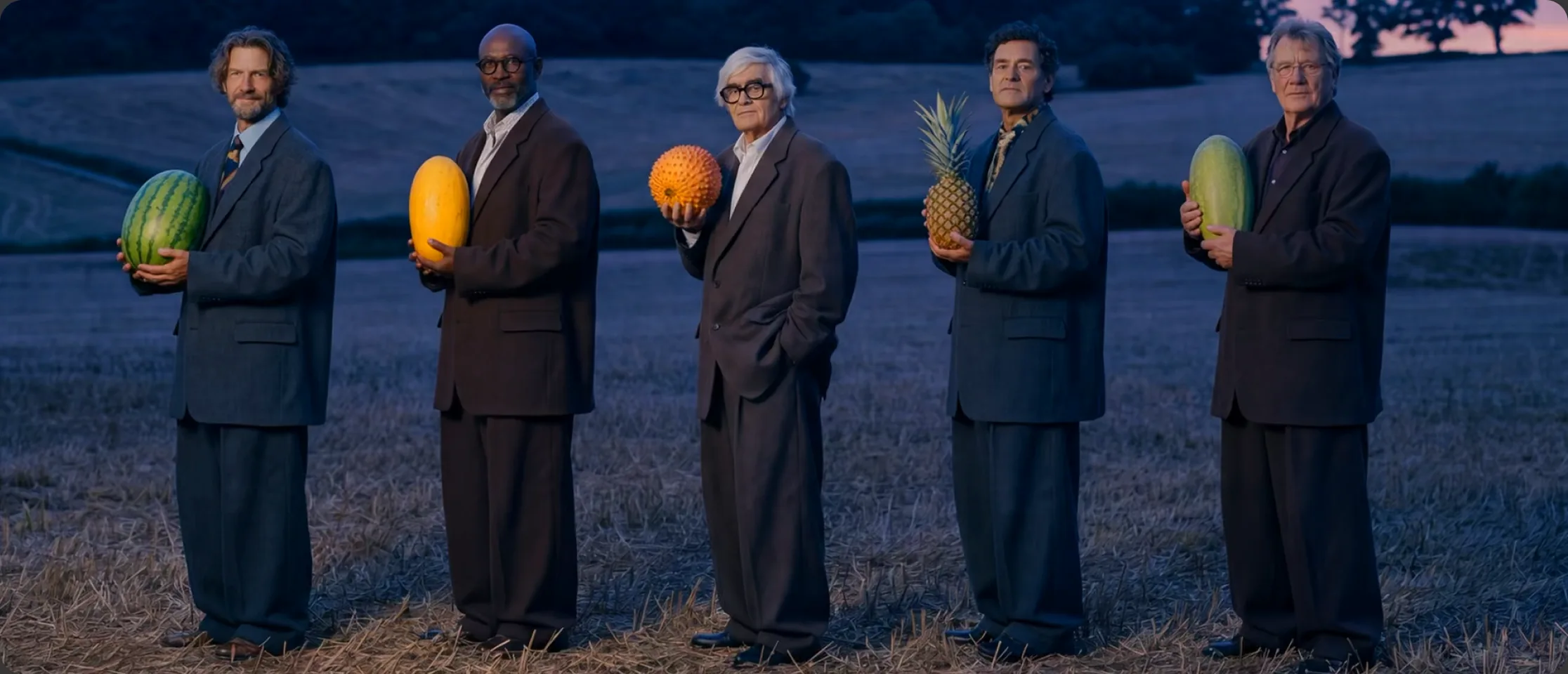 A cinematic lineup of people holding colorful fruit in a field, from Pika